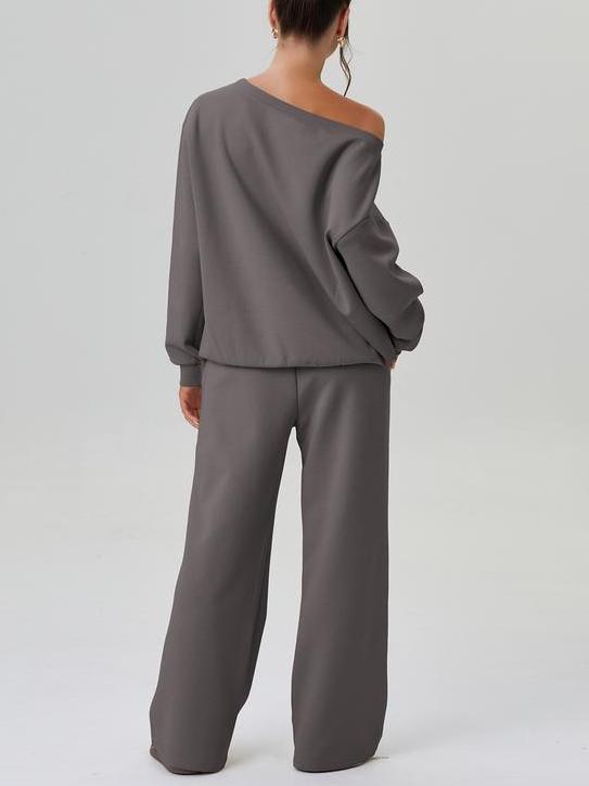 Women's Solid Sloping Shoulder Long Sleeve Top & Wide Leg Trousers Set-S.fashion