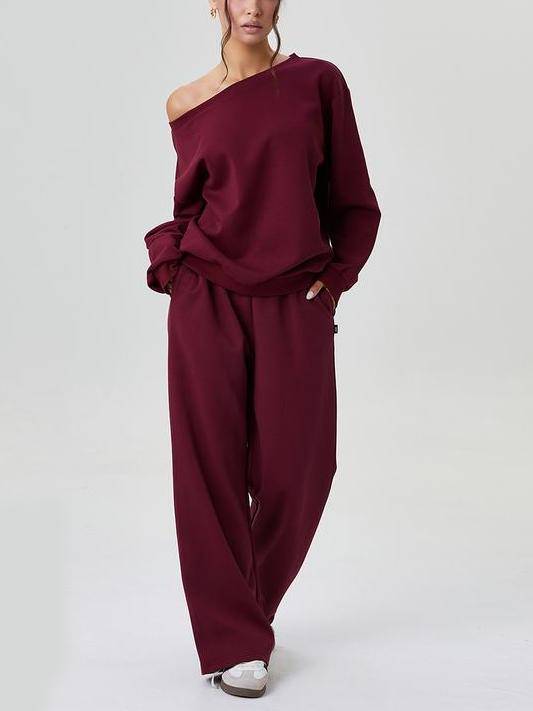 Women's Solid Sloping Shoulder Long Sleeve Top & Wide Leg Trousers Set-S.fashion