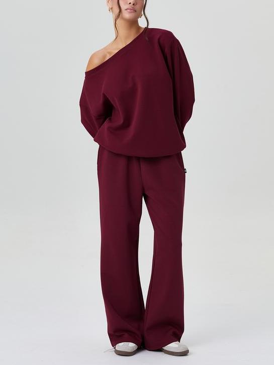 Women's Solid Sloping Shoulder Long Sleeve Top & Wide Leg Trousers Set-S.fashion