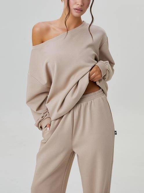 Women's Solid Sloping Shoulder Long Sleeve Top & Wide Leg Trousers Set-S.fashion