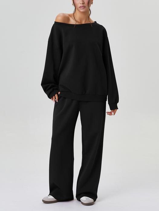 Women's Solid Sloping Shoulder Long Sleeve Top & Wide Leg Trousers Set-S.fashion