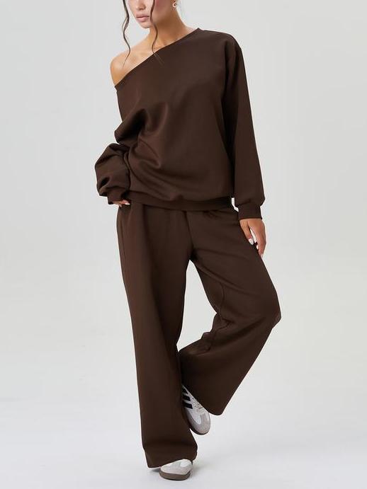 Women's Solid Sloping Shoulder Long Sleeve Top & Wide Leg Trousers Set-S.fashion