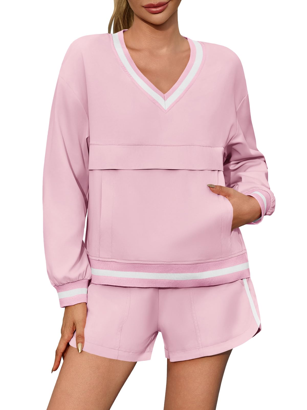 Womens Long Sleeve V Neck Sweatshirt High Waist Running Shorts Sets-S.fashion