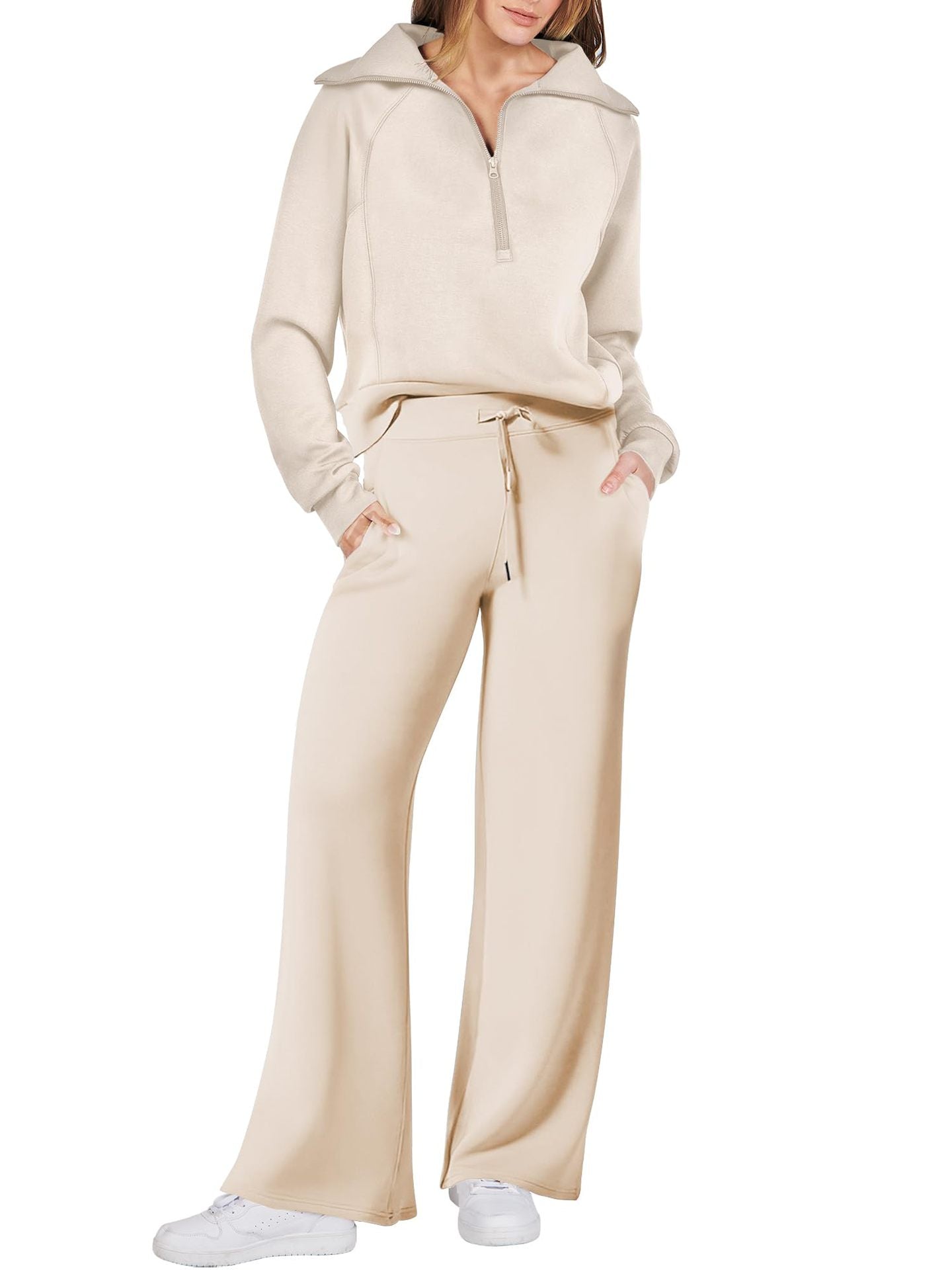 Women's 2 Piece Lounge Matching Set Wide Leg Sweatpant Half Zip Sweatshirt-S.fashion