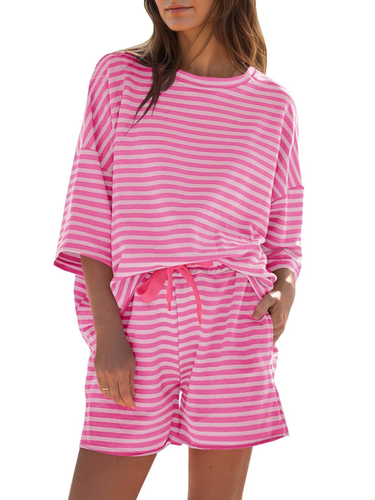 Womens Striped 3/4 Sleeve Oversized Tops High Waisted Shorts Casual Lounge Sets-S.fashion