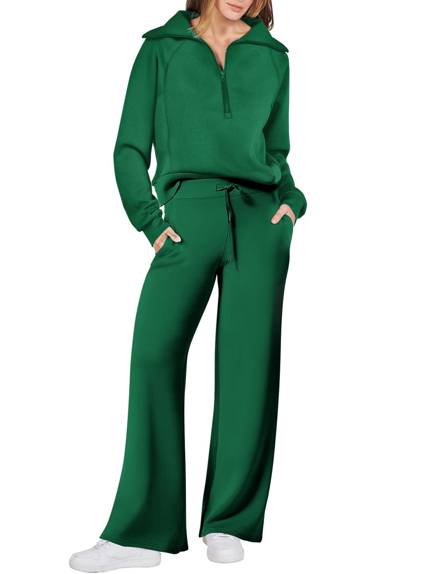 Women's 2 Piece Lounge Matching Set Wide Leg Sweatpant Half Zip Sweatshirt-S.fashion