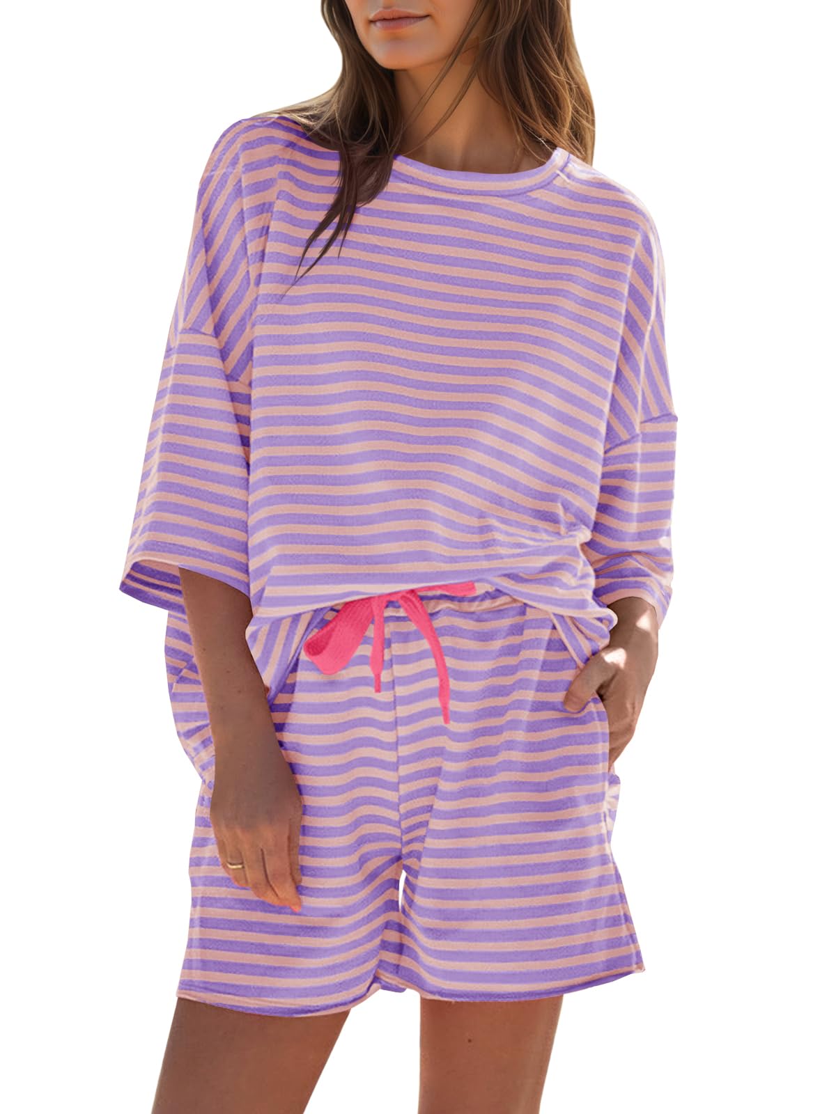 Womens Striped 3/4 Sleeve Oversized Tops High Waisted Shorts Casual Lounge Sets-S.fashion