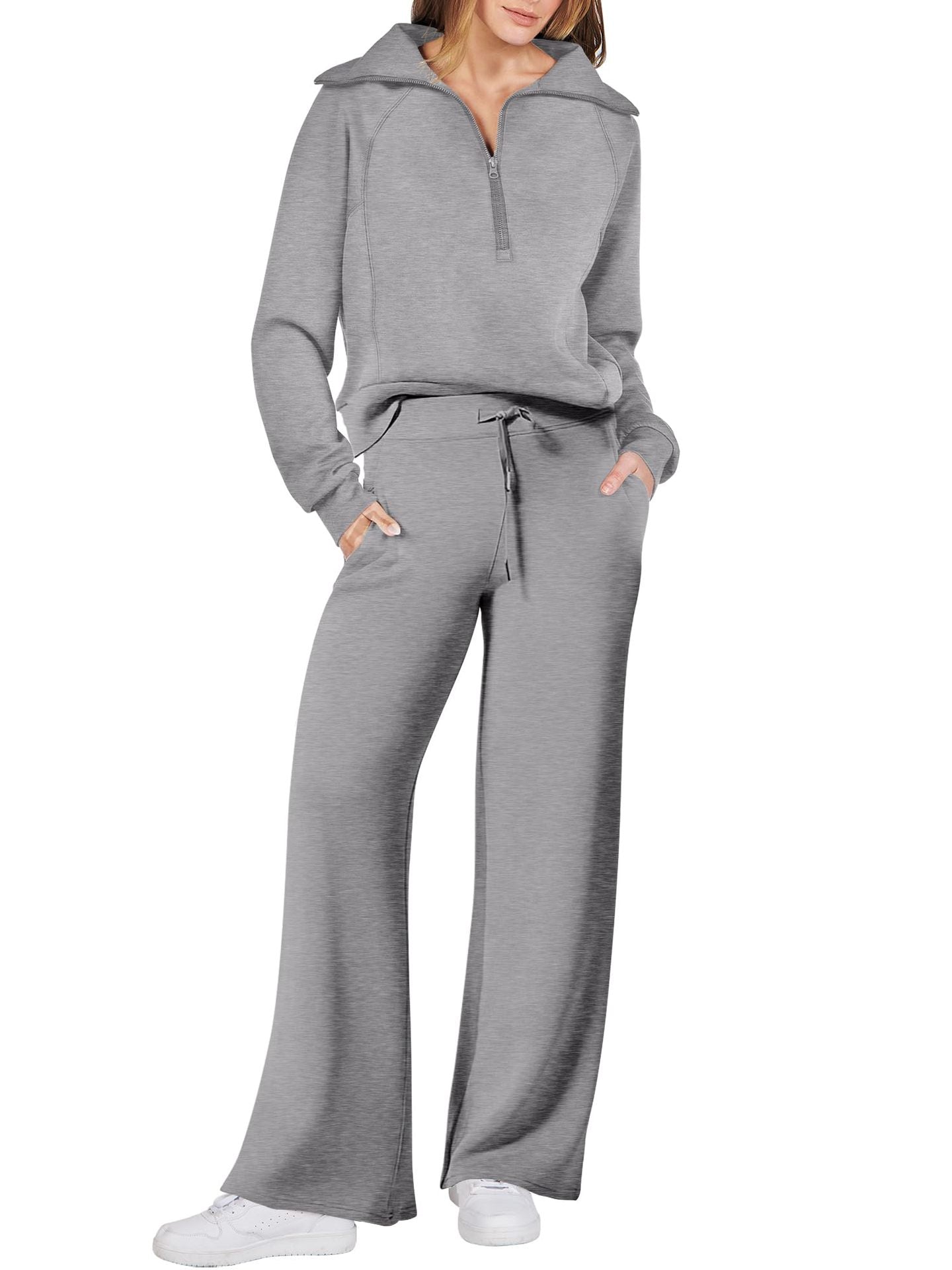 Women's 2 Piece Lounge Matching Set Wide Leg Sweatpant Half Zip Sweatshirt-S.fashion