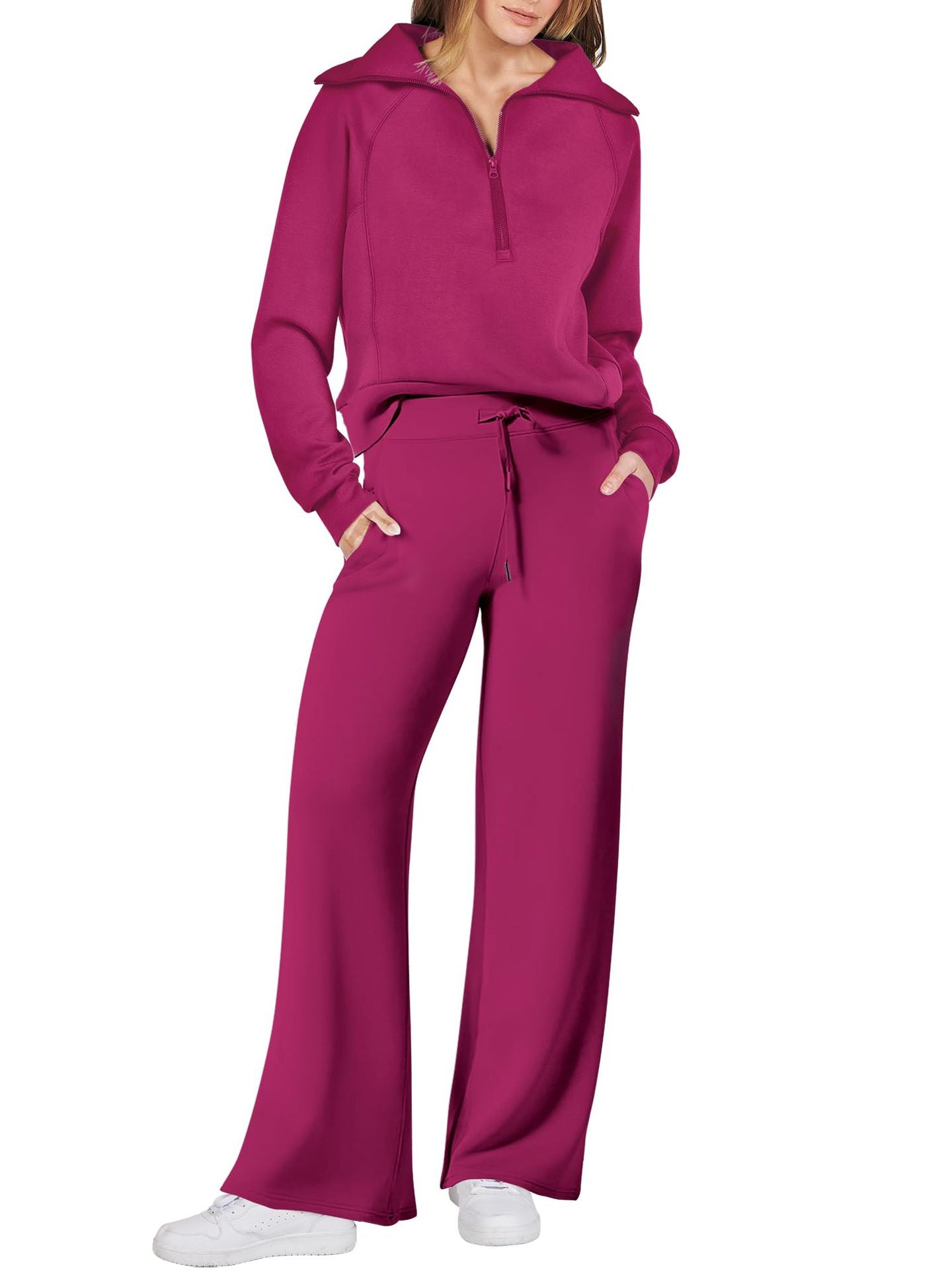Women's 2 Piece Lounge Matching Set Wide Leg Sweatpant Half Zip Sweatshirt-S.fashion
