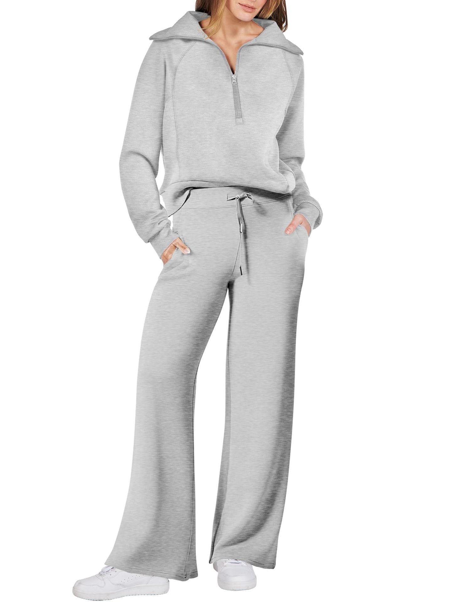 Women's 2 Piece Lounge Matching Set Wide Leg Sweatpant Half Zip Sweatshirt-S.fashion