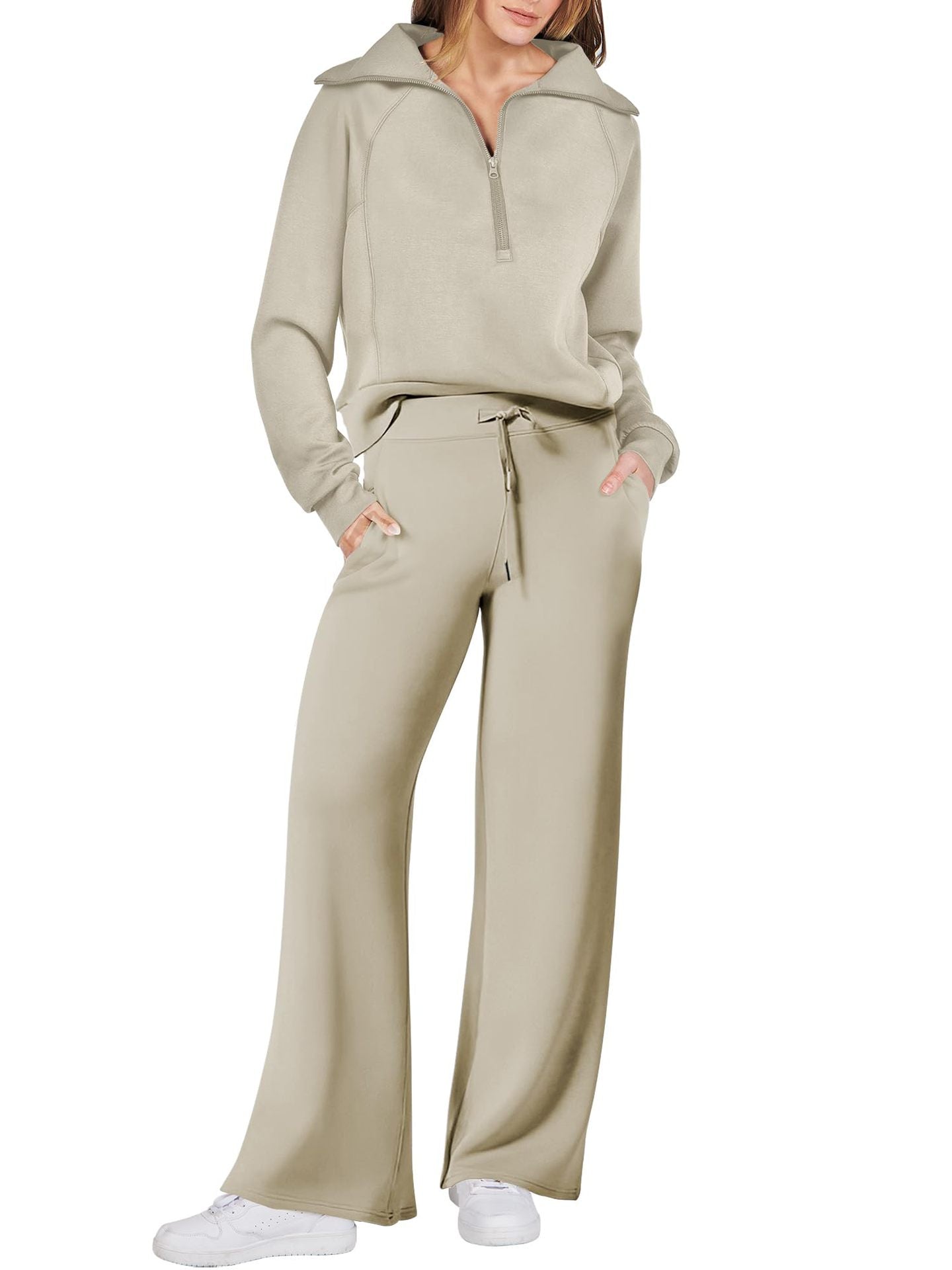 Women's 2 Piece Lounge Matching Set Wide Leg Sweatpant Half Zip Sweatshirt-S.fashion