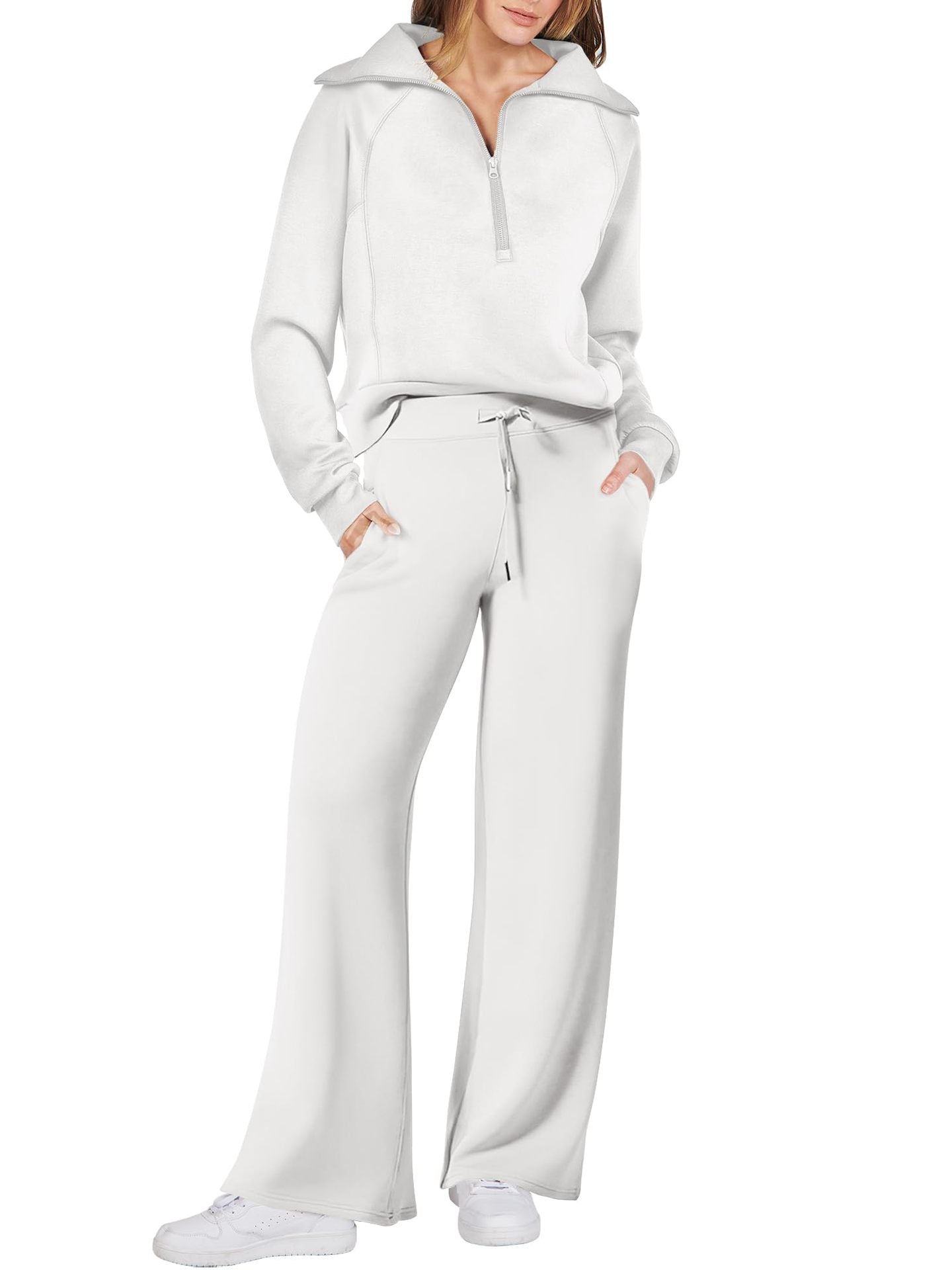 Women's 2 Piece Lounge Matching Set Wide Leg Sweatpant Half Zip Sweatshirt-S.fashion