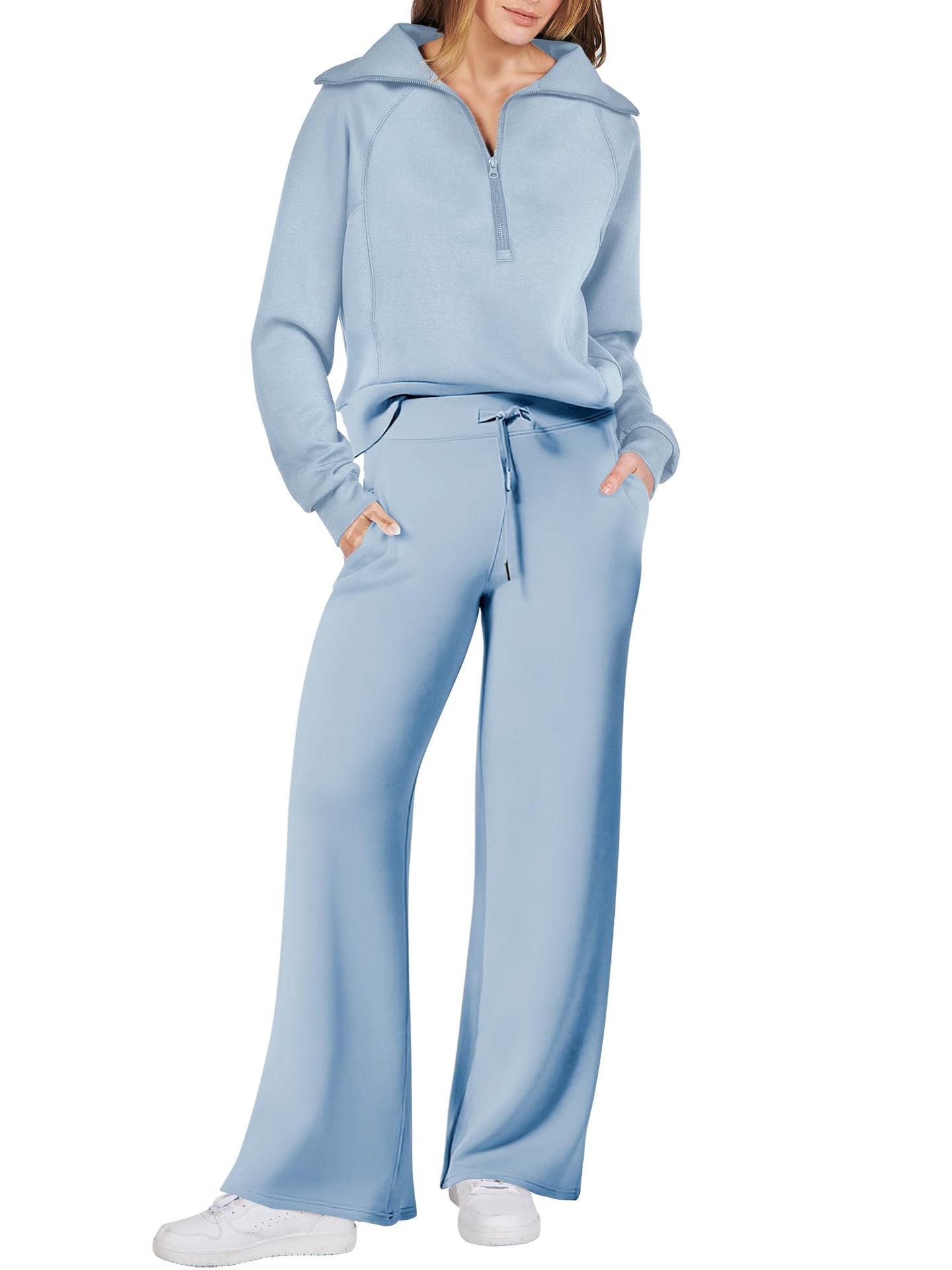 Women's 2 Piece Lounge Matching Set Wide Leg Sweatpant Half Zip Sweatshirt-S.fashion