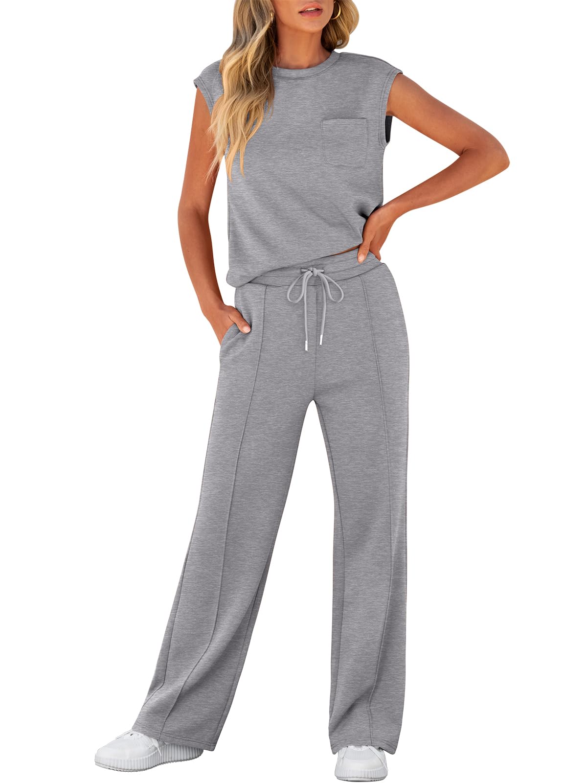 Women's Sleeveless Sweatsuits Matching Wide Leg Tracksuits Lounge Sets-S.fashion