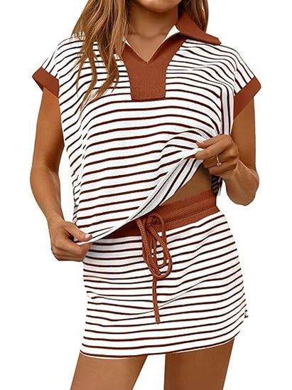 Women's Striped V-neck 2 Piece Skirt Set-S.fashion