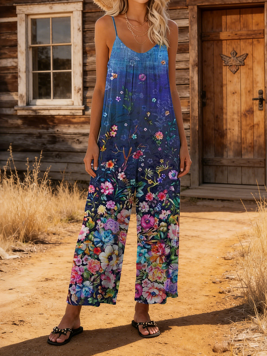 Women's Retro Floral Gradient Art Print Casual Camisole Jumpsuit-S.fashion