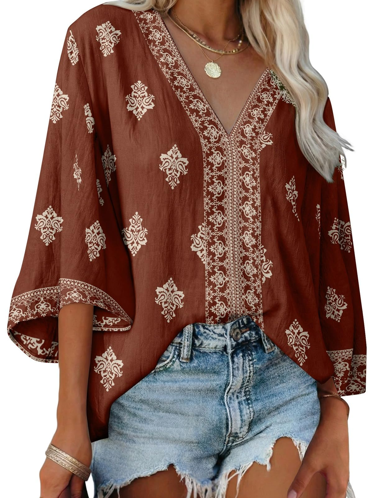 Women's Boho Embroidered V-Neck 3/4 Sleeve Blouse-S.fashion