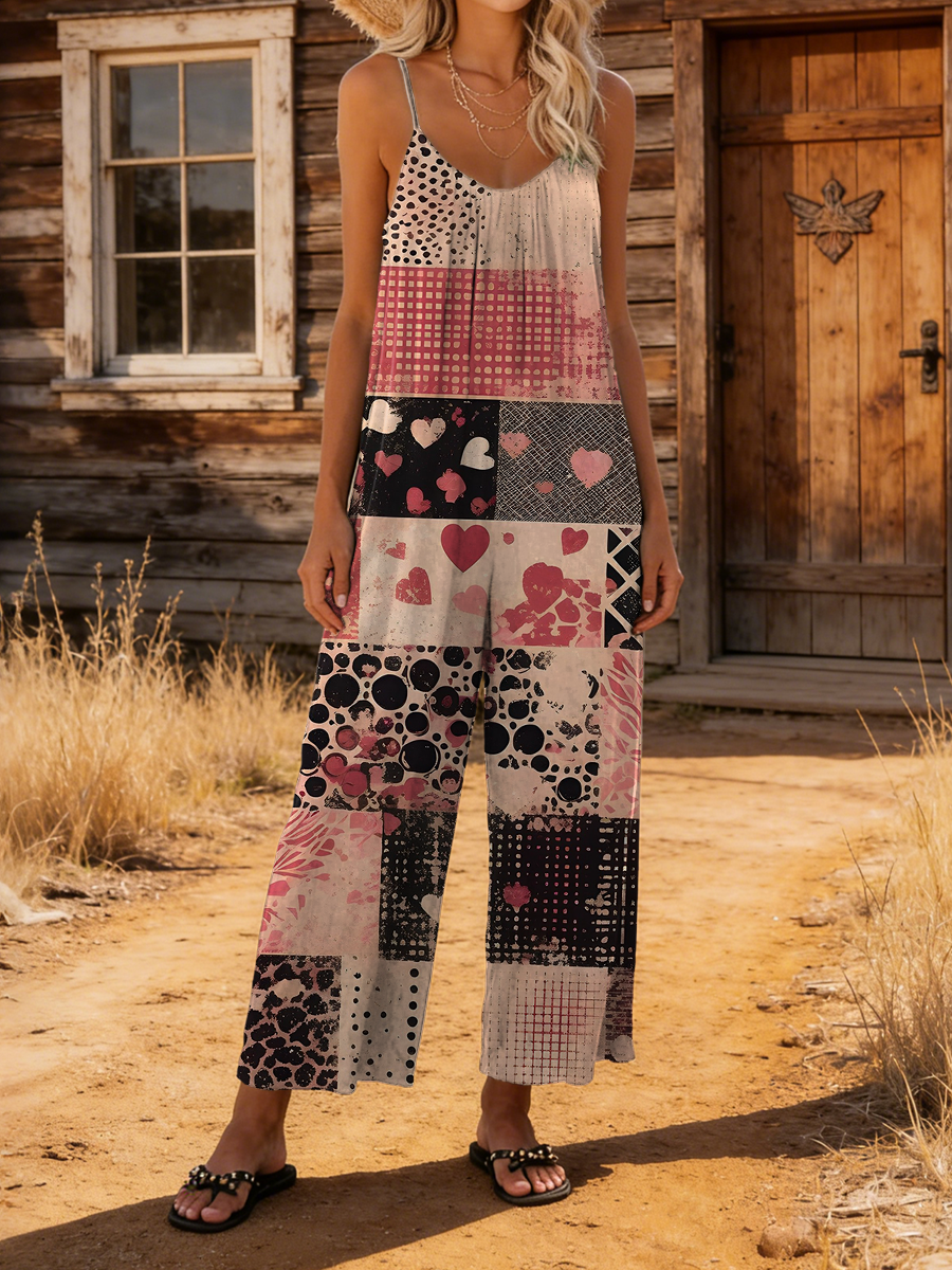 Women's Retro Heart Plaid Art Print Casual Cotton Jumpsuit-S.fashion