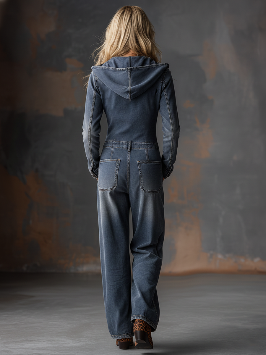 Retro Front Zipper Gray-blue Denim Hooded Jumpsuit-S.fashion