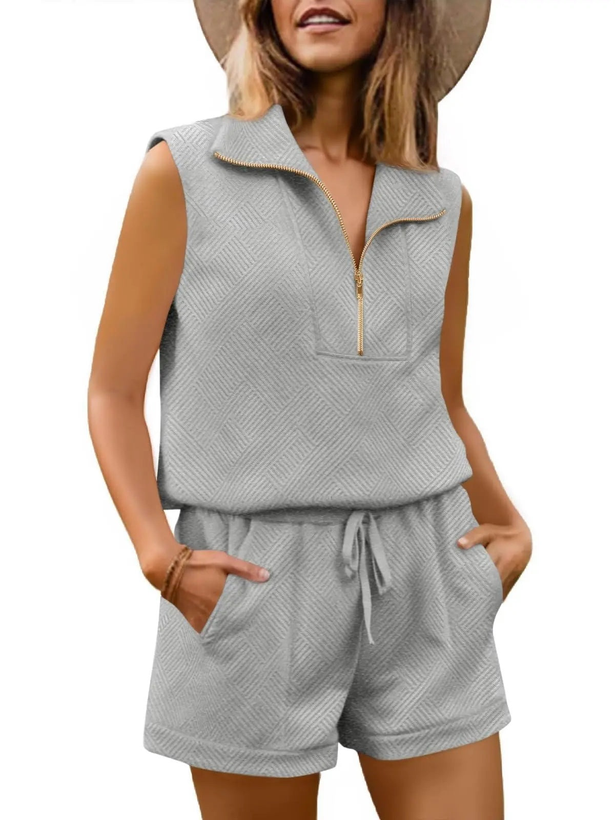 Womens 2 Piece Outfits  extured Quarter-Zip Sleeveless Tops with Shorts-S.fashion