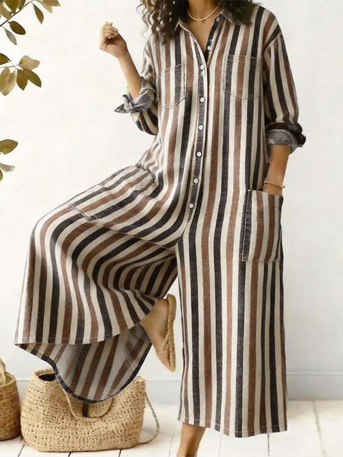 Women'S Casual Striped Color-Block Printed Jumpsuit-S.fashion