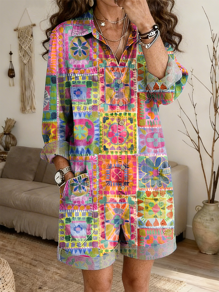 Women's Retro Colorful Plaid Art Print Casual Long-sleeved Jumpsuit Shorts-S.fashion