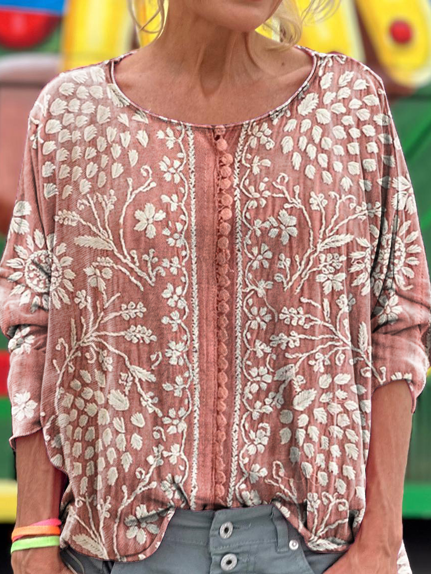 Women's Vintage Ethnic Floral Art Art Print Casual Long Sleeve T-shirt-S.fashion