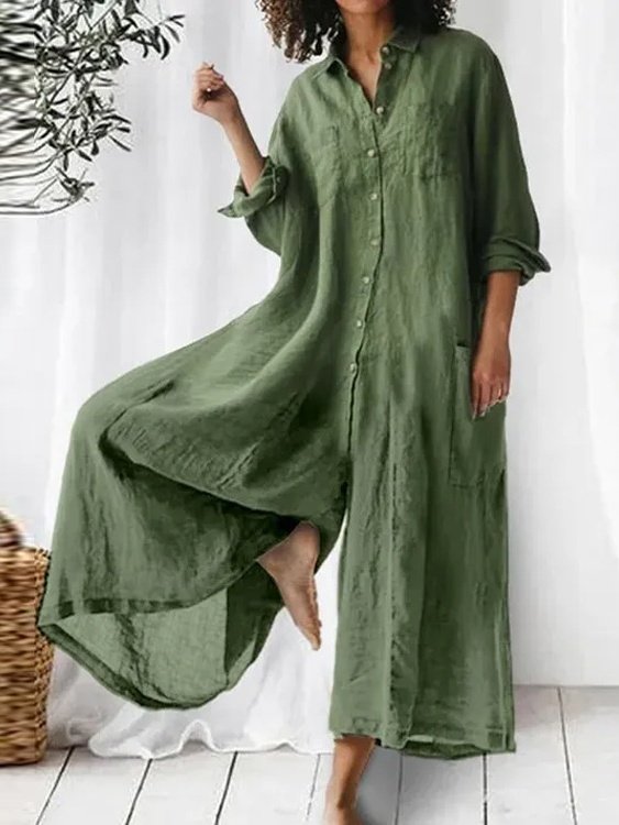 Women Plain Shawl Collar Long Sleeve Casual Spring/Fall Cotton-Blend Jumpsuit-S.fashion