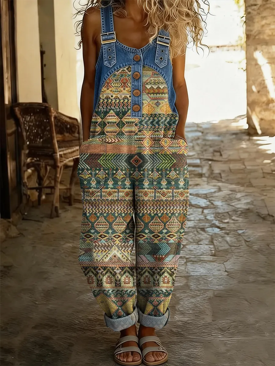 Ethnicity Geometry Totem Women's Casual Washed Cotton Denim Patchwork Jumpsuit-S.fashion