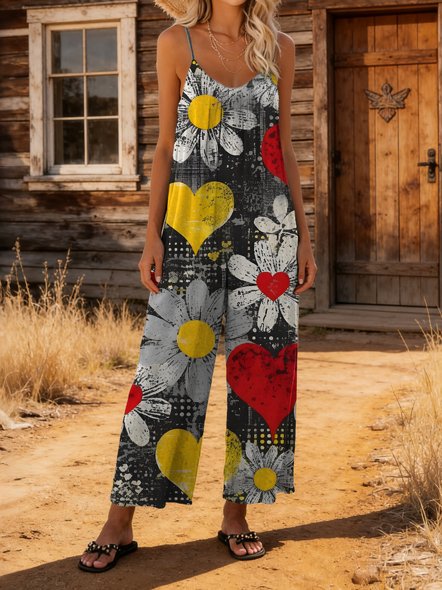 Women's Retro Heart And Floral Art Print Casual Jumpsuit-S.fashion