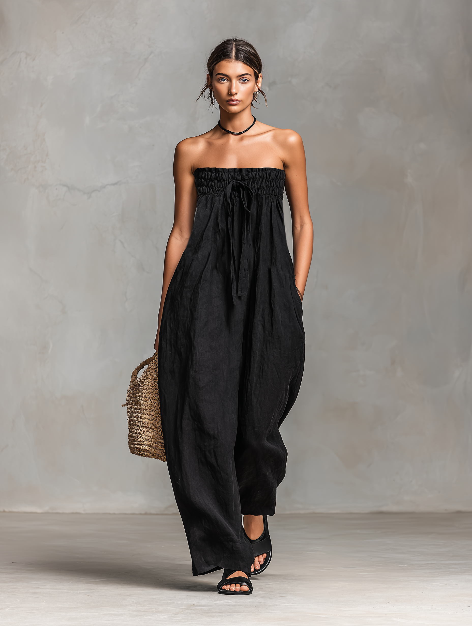 Women's Minimalist Loose-fitting Linen Blend Strapless Jumpsuit With Tie Closure MDZ2024A9Y-S.fashion