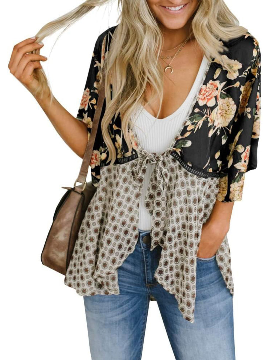 Women's Floral Kimono Ruffle Sleeve Tie Cardigans Flowy Boho Loose Cover Ups-S.fashion