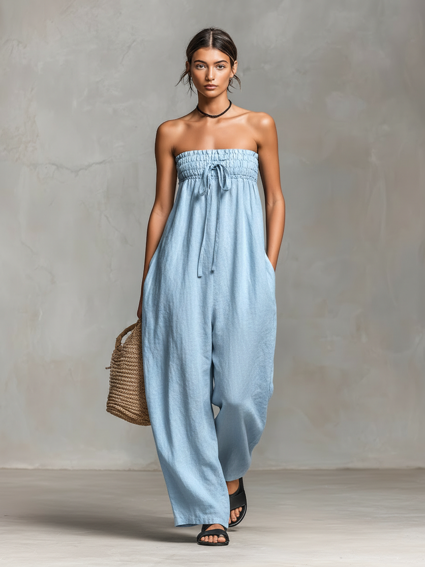 Women's Minimalist Loose-fitting Linen Blend Strapless Jumpsuit With Tie Closure MDZ2024A9Y-S.fashion