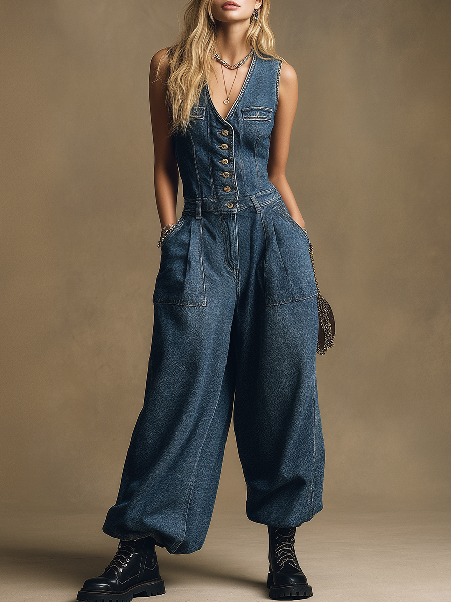 Retro Sporty V-neck Sleeveless Single-breasted Denim Jumpsuit-S.fashion