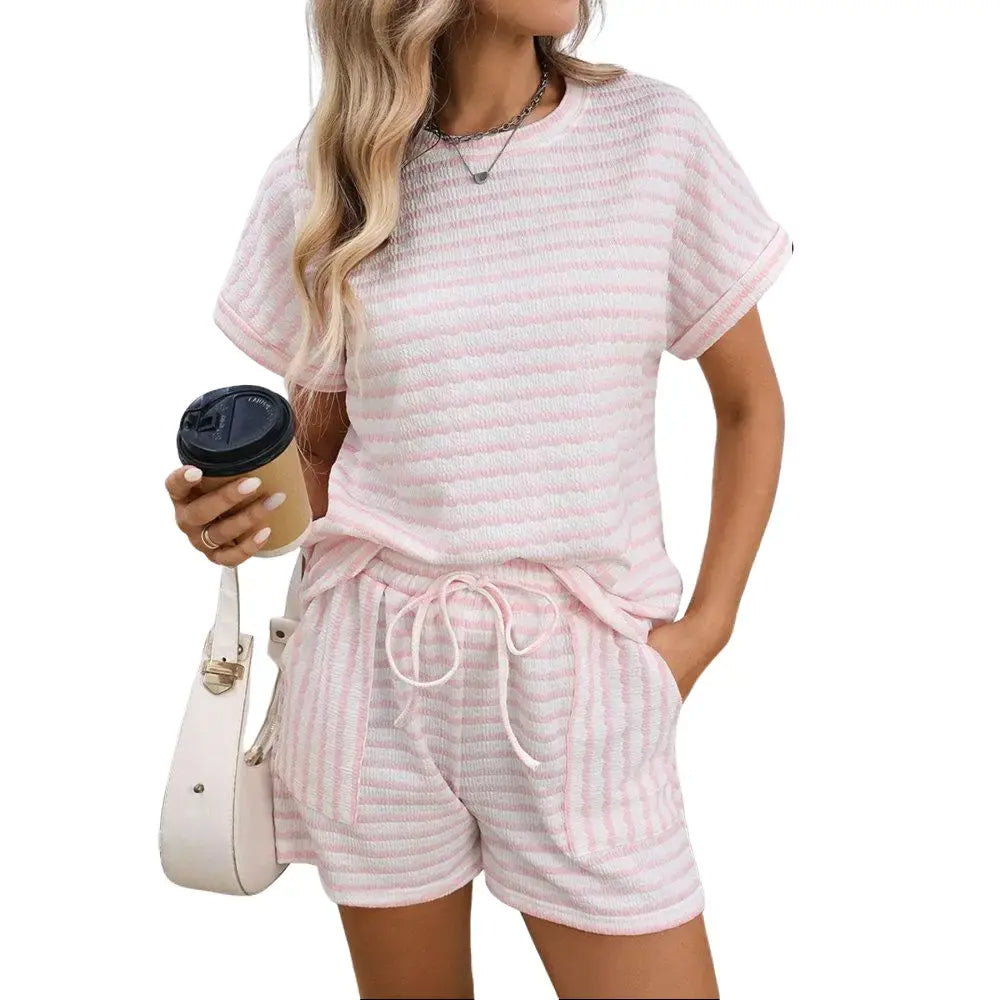 2 Piece Lounge Set Women Stripe Knit Short Sleeve Tee Shirts Shorts-S.fashion