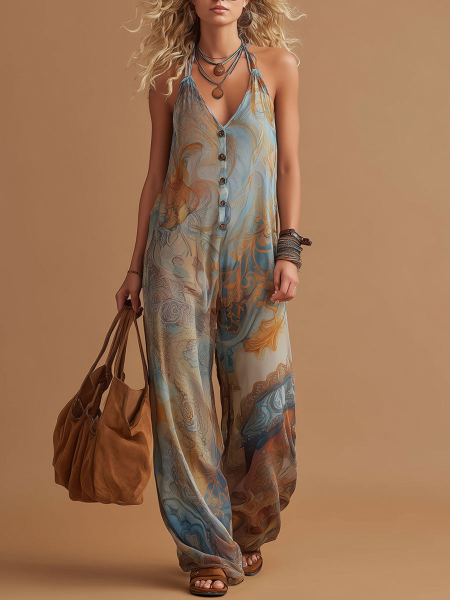 Vacation Retro Bohemian Print Chiffon Sleeveless Wide-Leg Jumpsuit-S.fashion