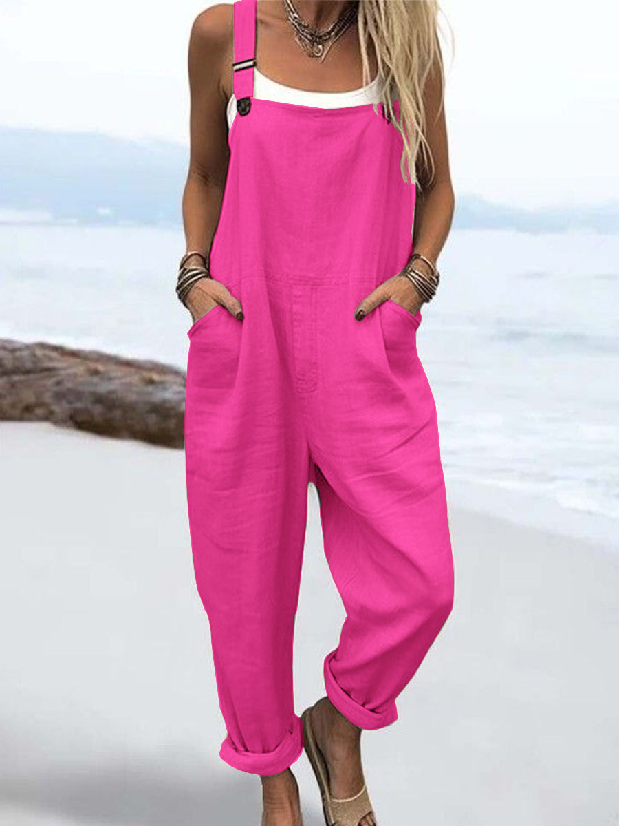Wome's Vacation Retro  Casual Cotton Linen Wide Leg Jumpsuit-S.fashion