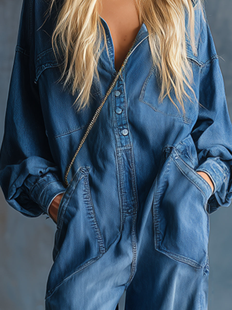 Casual Loose-fit Hooded Blue Denim Button-front Long-sleeved Jumpsuit-S.fashion