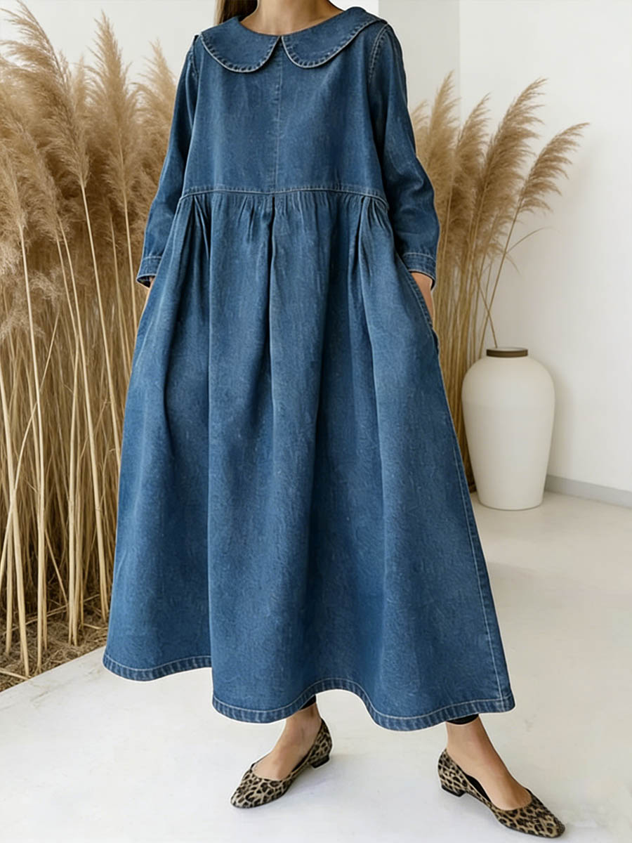 NEW🔥 Women's Peter Pan Collar Long-sleeved Loose-fitting Casual Denim Dress