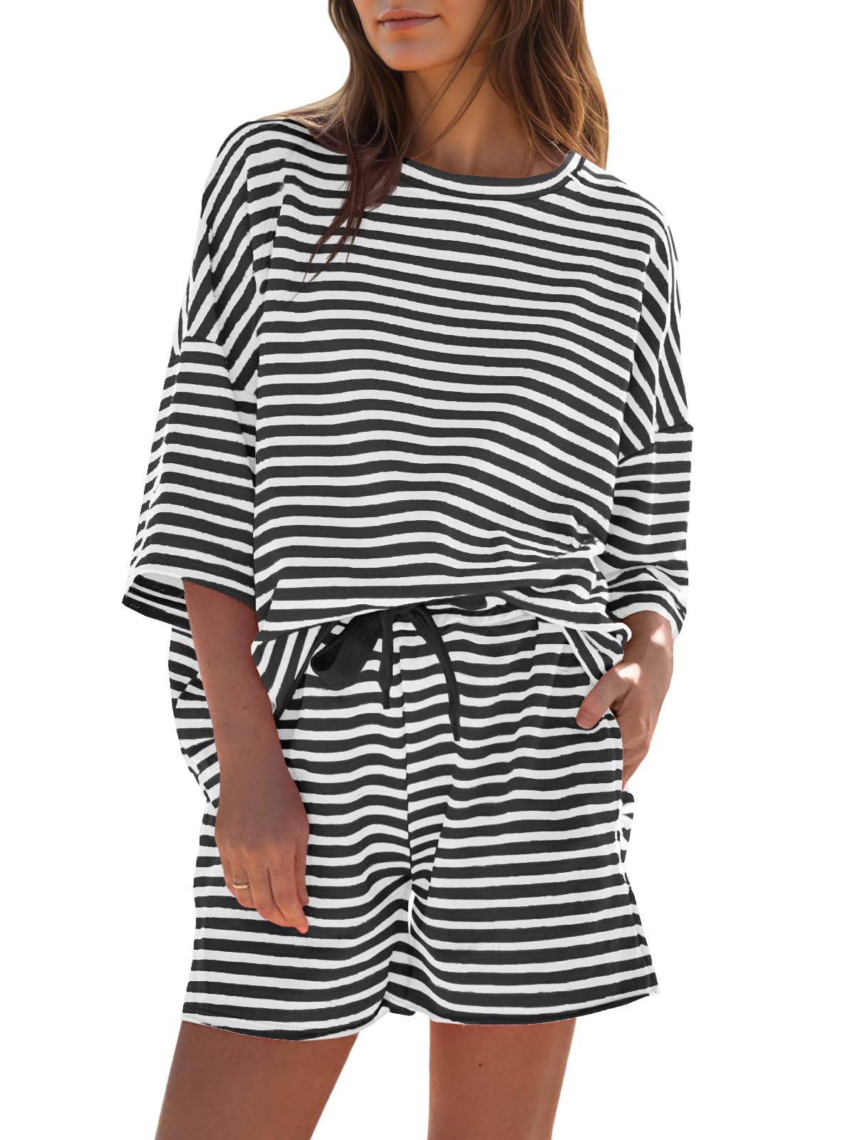 Womens Striped 3/4 Sleeve Oversized Tops High Waisted Shorts Casual Lounge Sets-S.fashion