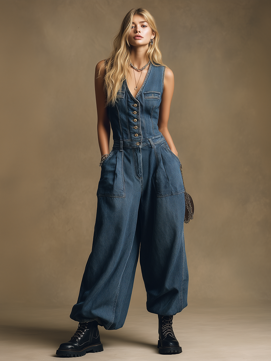Retro Sporty V-neck Sleeveless Single-breasted Denim Jumpsuit-S.fashion