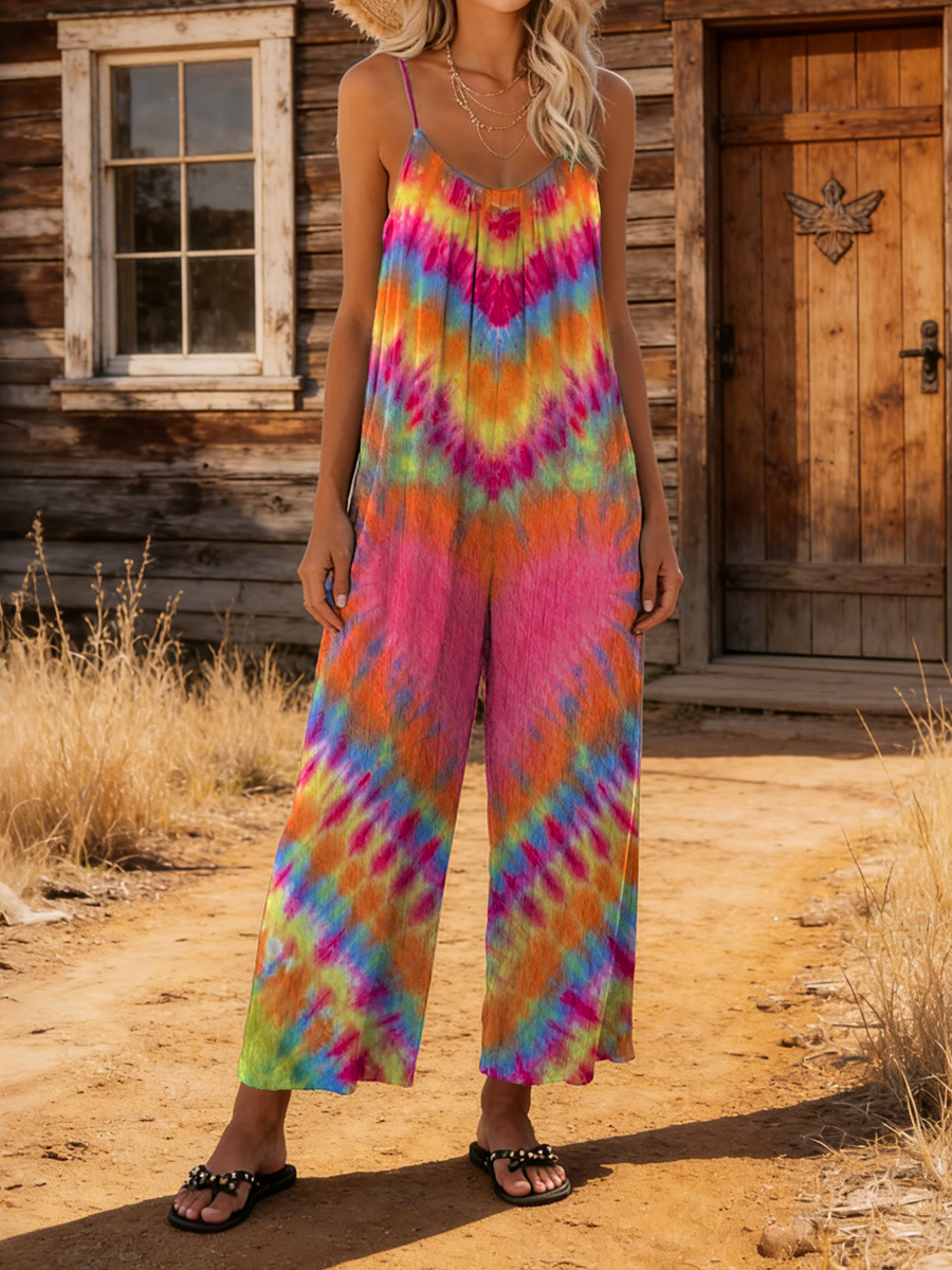 Women's Retro Colorful Heart Tie-dye Art Print Casual Cotton Jumpsuit-S.fashion