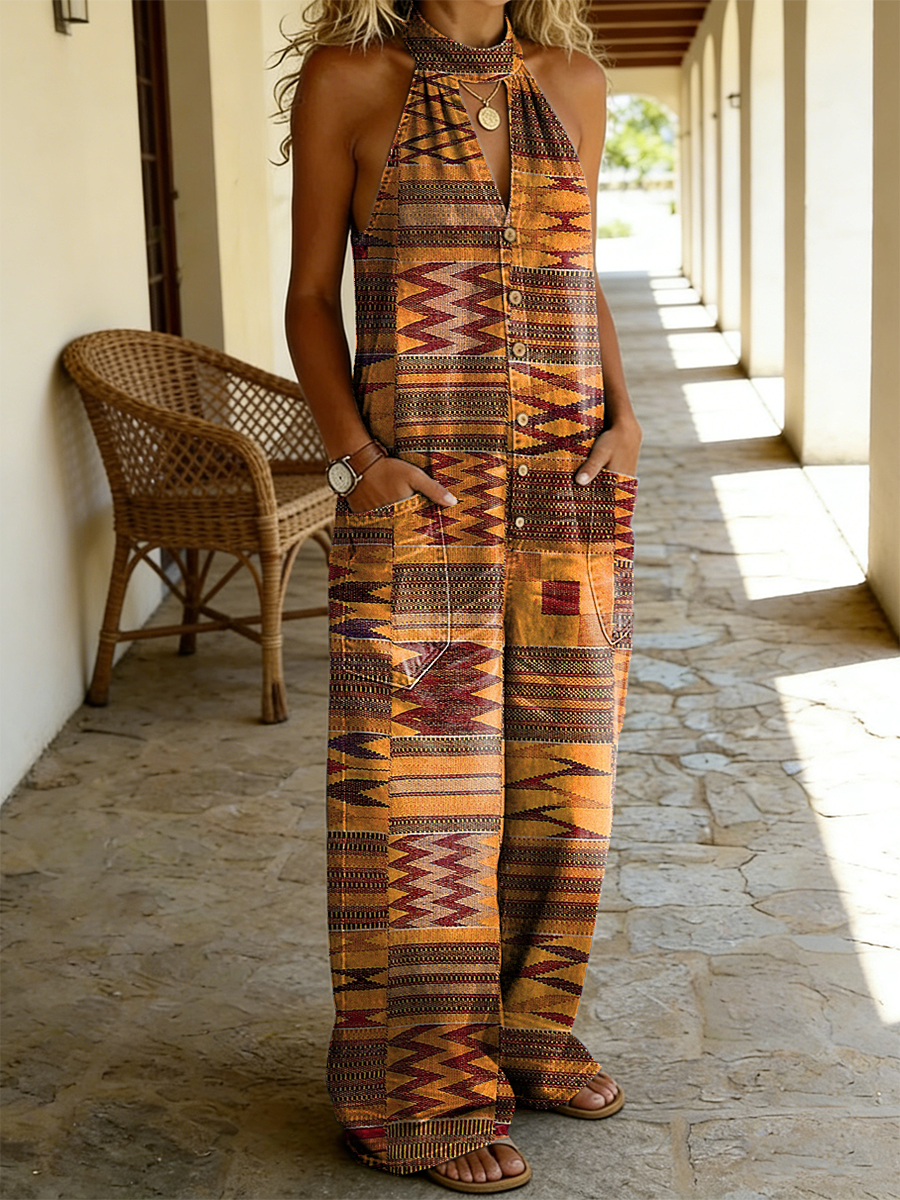 Women's Retro Ethnic Plaid Art Print Casual Sleeveless Jumpsuit-S.fashion