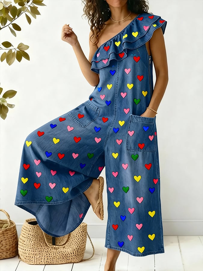 Women'S Casual Color-Blocked Printed Ruffled Jumpsuit-S.fashion