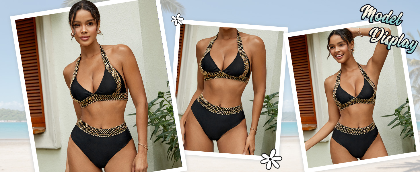 Two Piece Bathing Suit Colorblock Tie Back Halter Bikini High Waist Swimsuit