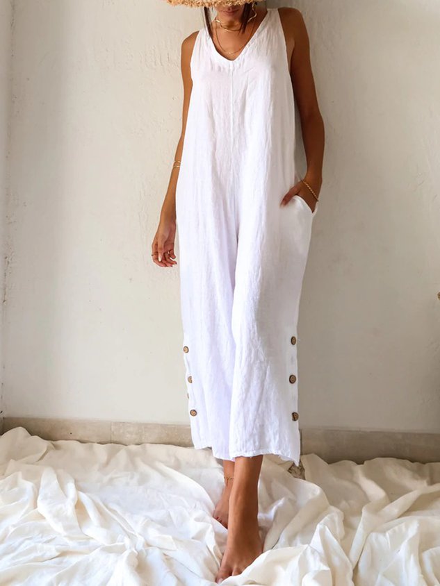 Casual V Neck Pockets Buttoned Cotton Solid Sleeveless Loosen Jumpsuit & Romper-S.fashion