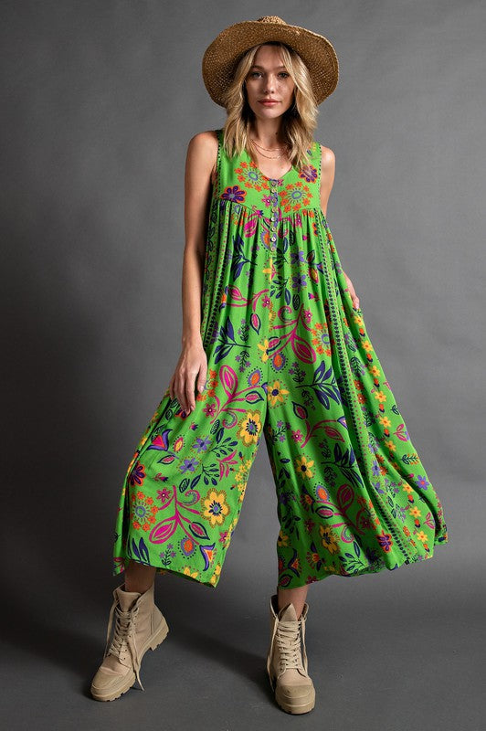 Vintage floral print loose sleeveless jumpsuit-S.fashion