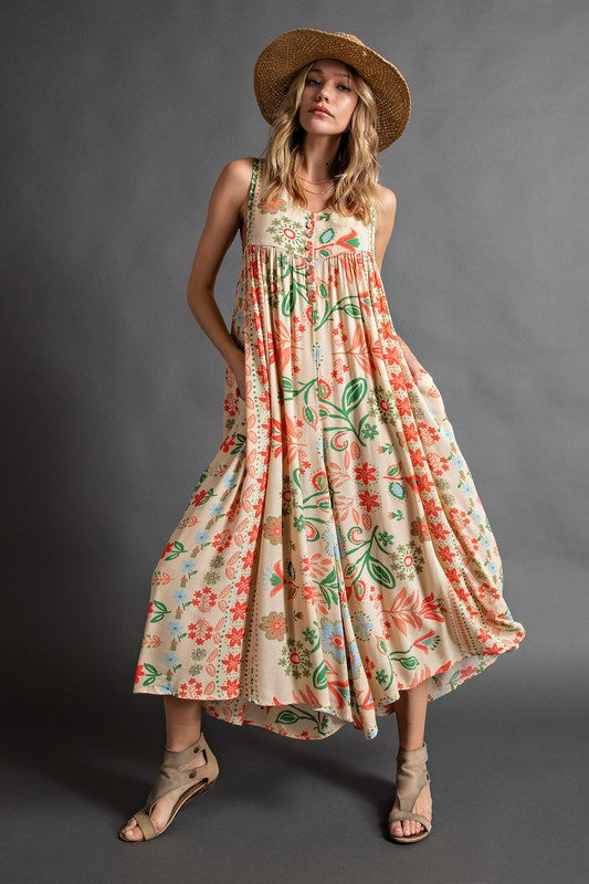 Vintage floral print loose sleeveless jumpsuit-S.fashion