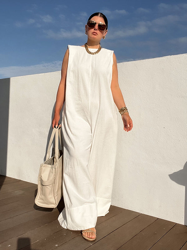 Sleeveless Wide Leg Shoulder Pad Solid Color Jumpsuits-S.fashion