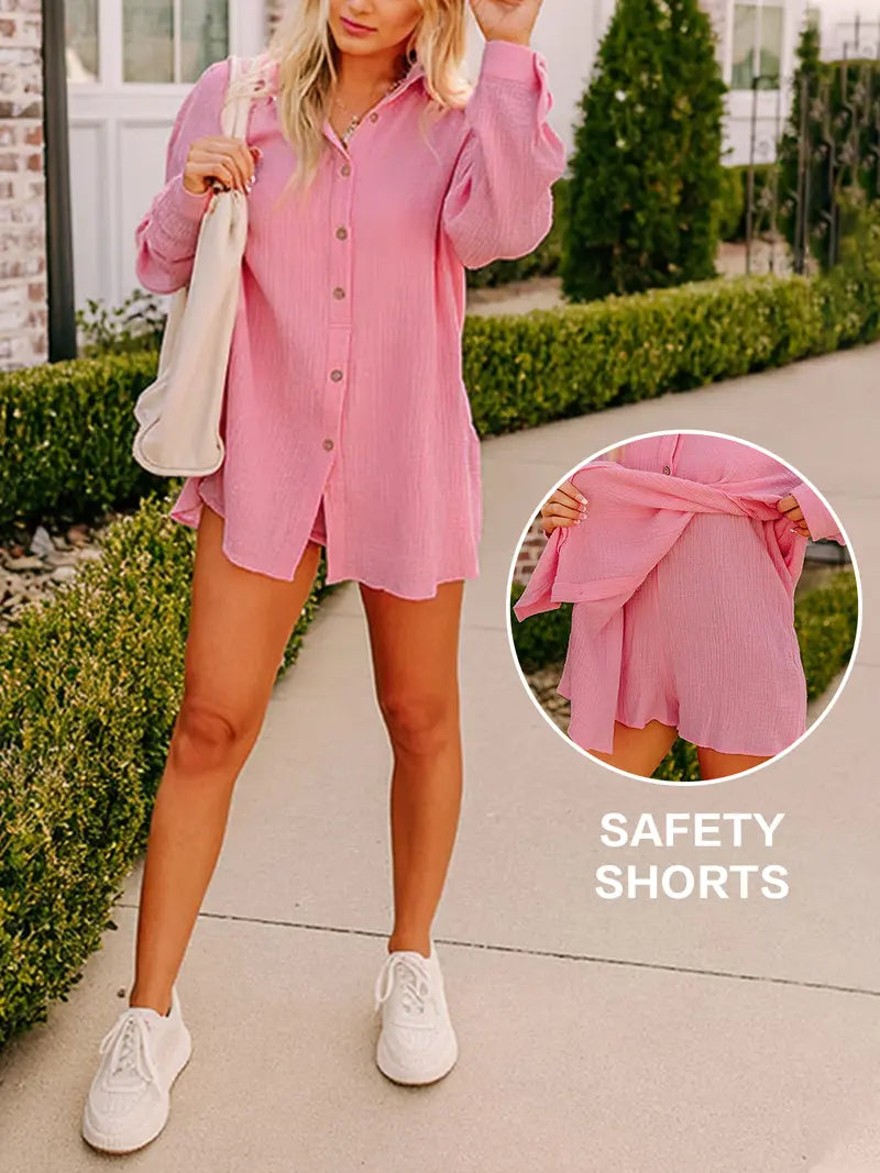 Women's Gauze Button Long-Sleeved and Shorts Set-S.fashion